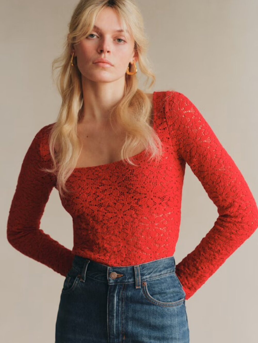 SEZANE - PERRINE Blouse, Red Lace, Size 6, NWT